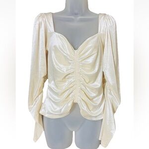 Express Top Womens M Cream Velvet Ruched Puff Long Sleeve Blouse Shirt Party